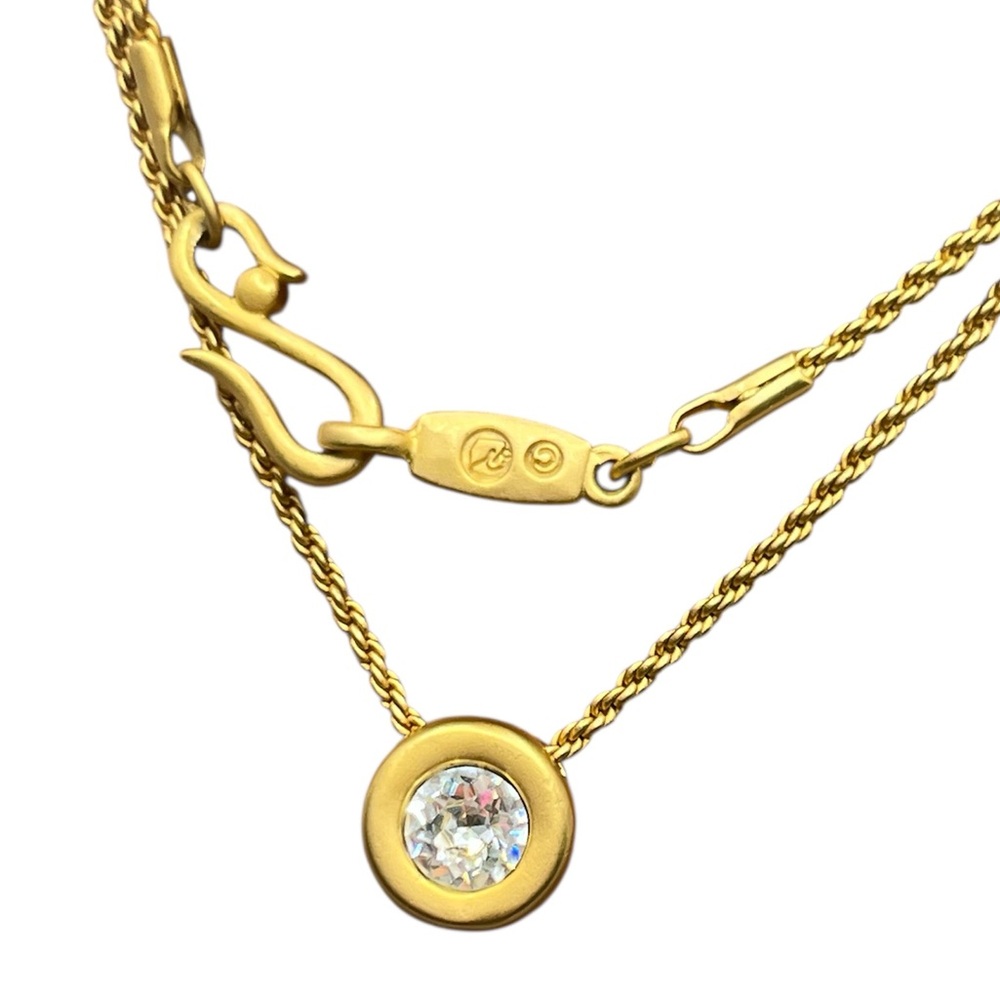 Swarovski swan crystal gold tone bezel set solitaire necklace on chain vintage